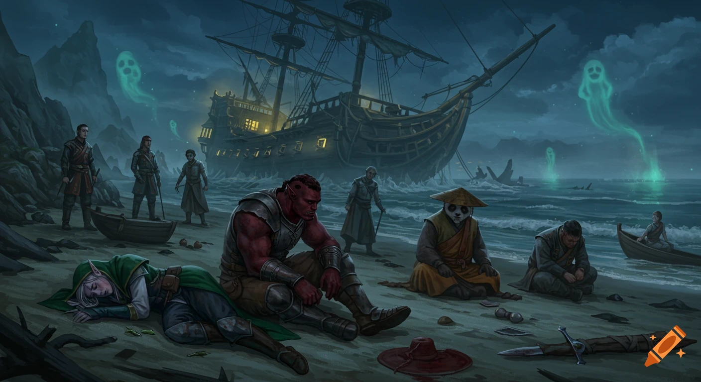 An epic fantasy painting of a group of diverse, exhausted shipwreck survivors on a dark beach at night, with a wrecked pirate ship in the background and glowing spirits floating around.