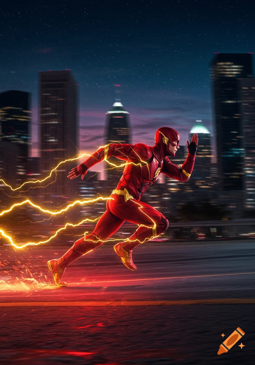 The Flash in his red suit runs at super speed, leaving yellow lightning trails through a blurred city at dusk.