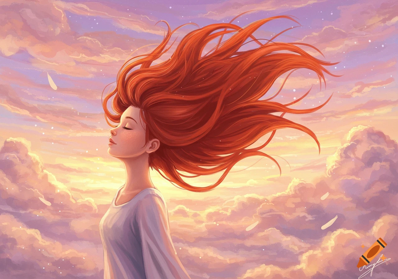 A digital painting of a red-haired girl with eyes closed, her voluminous hair flowing against a colorful sky with clouds.