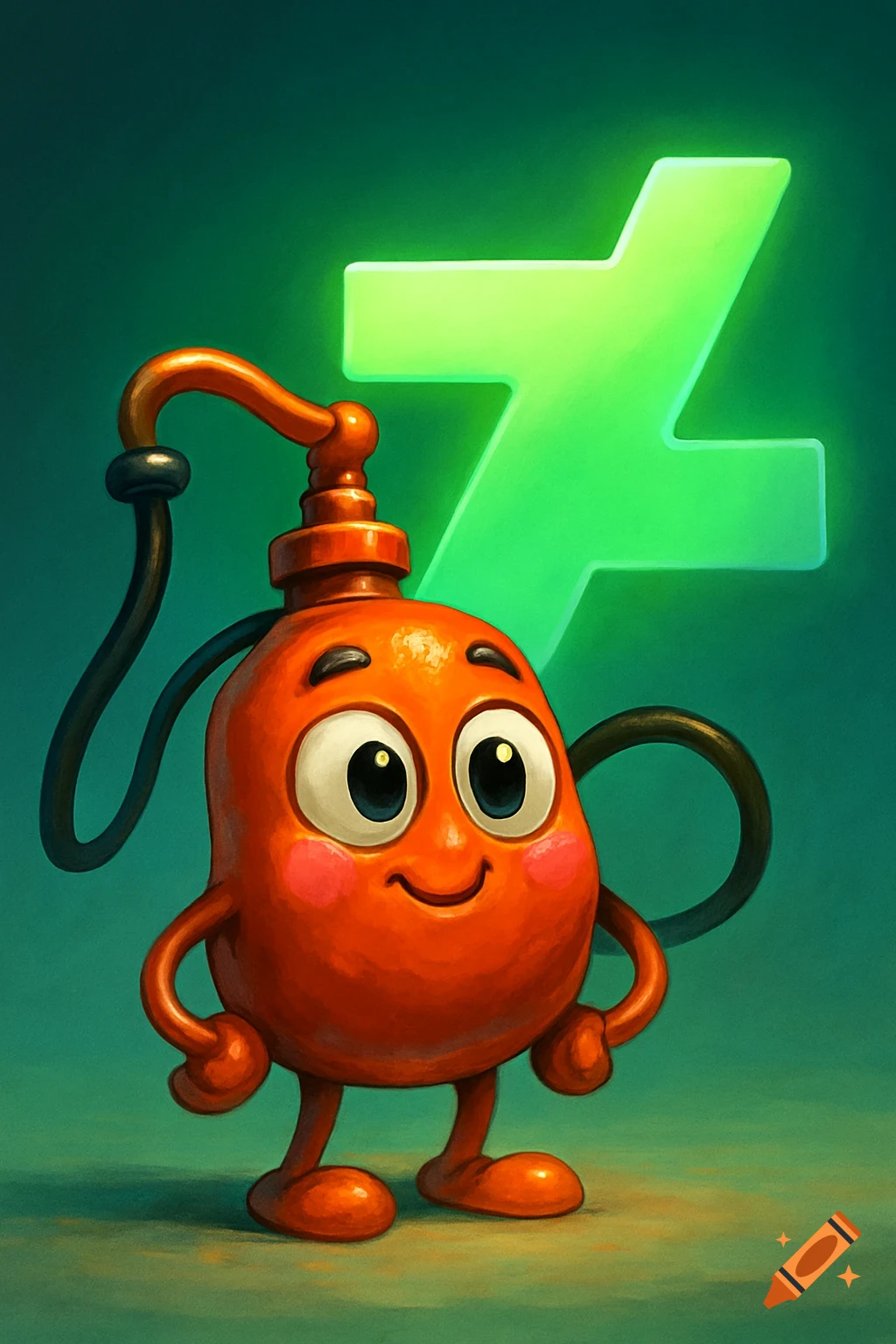 A cute, blushing orange cartoon pump with eyes and feet stands in front of a glowing green DeviantArt logo.