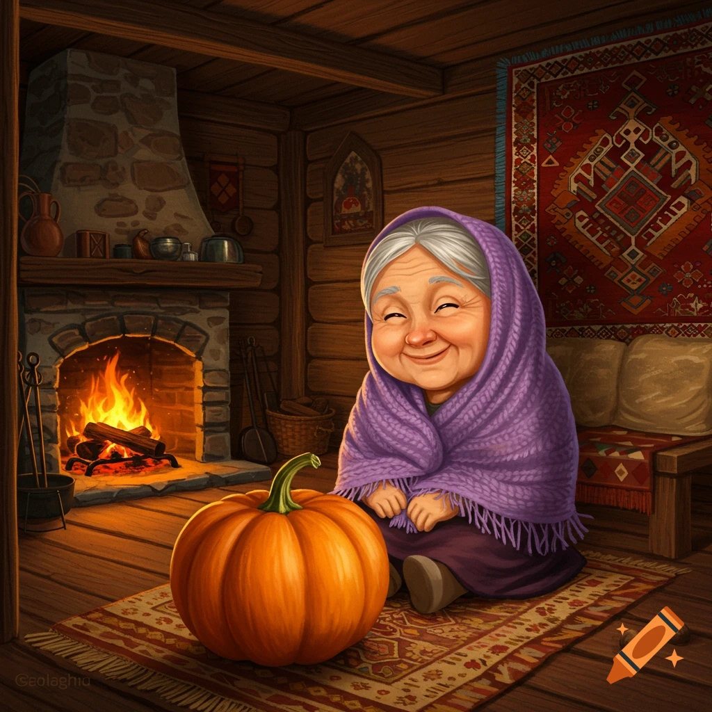 A smiling old woman in a purple shawl sits by a fireplace with a large pumpkin in a cozy, rustic room.