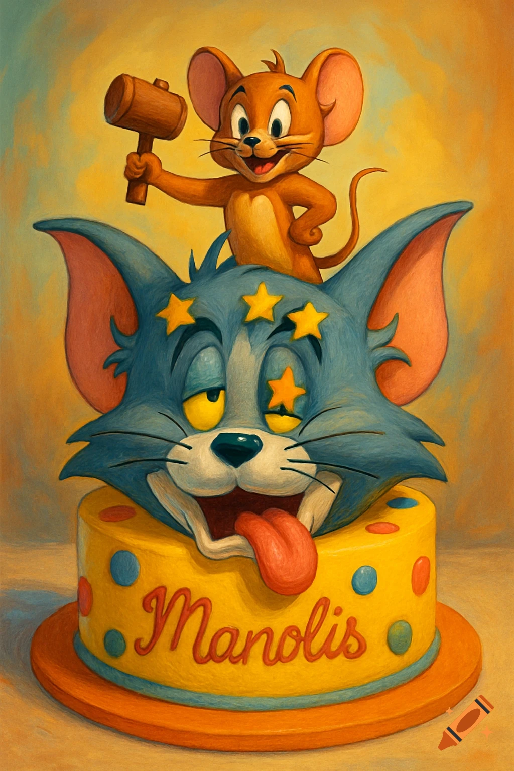 Cartoon Jerry hitting a dazed Tom's head, which forms the top of a yellow birthday cake with "Manolis" written on it.