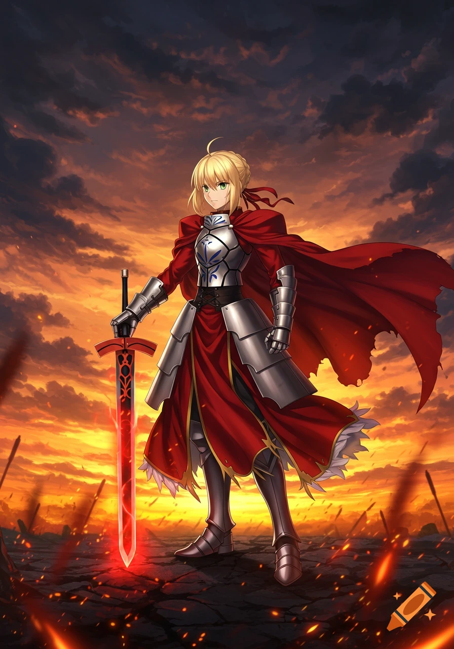 Anime warrior Saber with a glowing red sword stands on a battlefield at sunset, wearing red and silver armor.