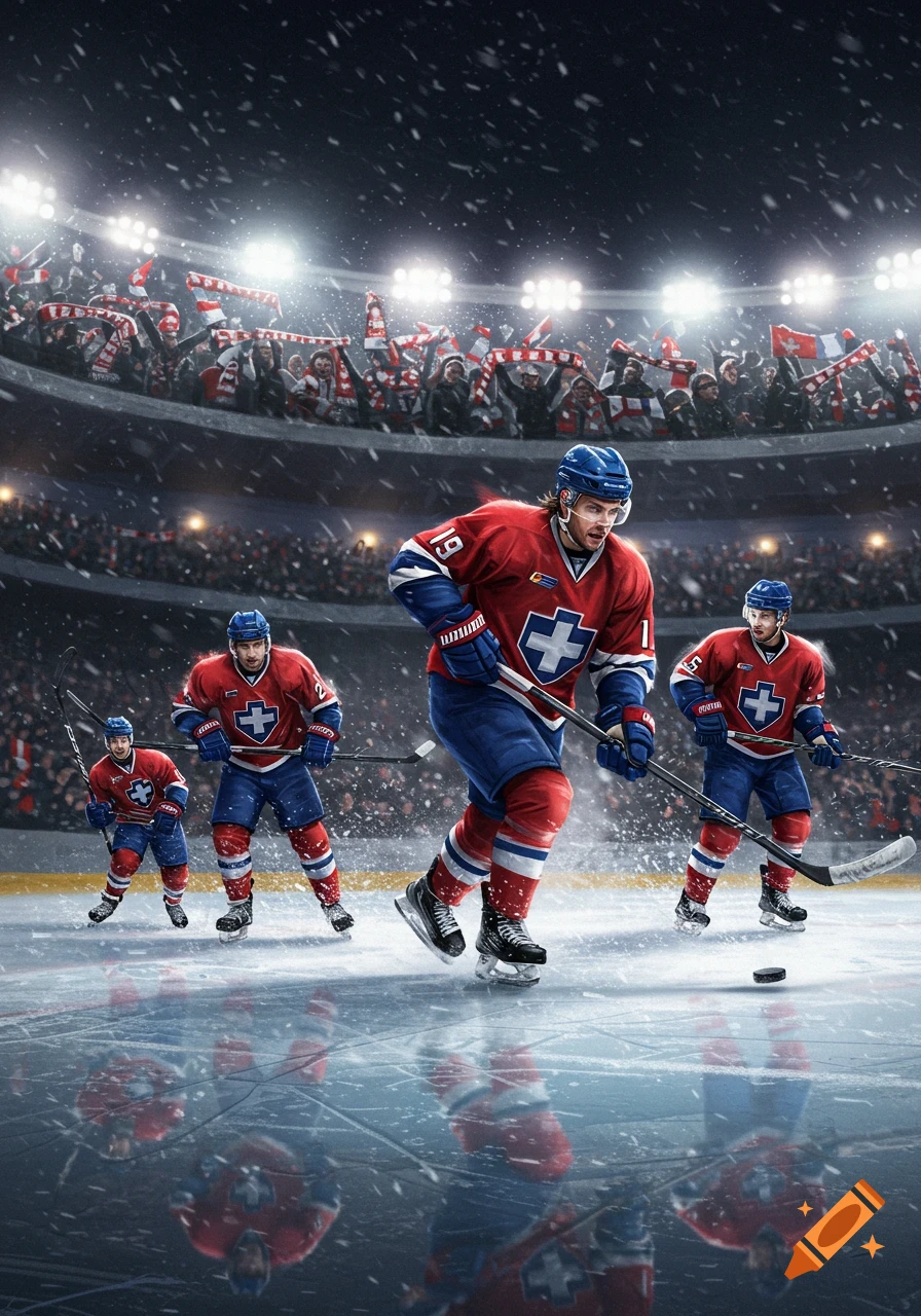 Photorealistic image of ice hockey players on a snowy rink in a stadium packed with cheering fans.