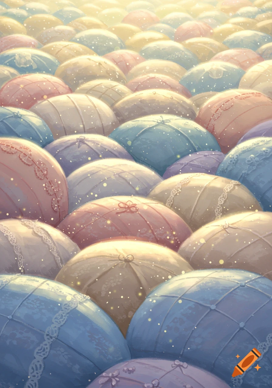 A dreamlike view of a dense field of pastel-colored decorative pillows with lace patterns and shimmering lights.