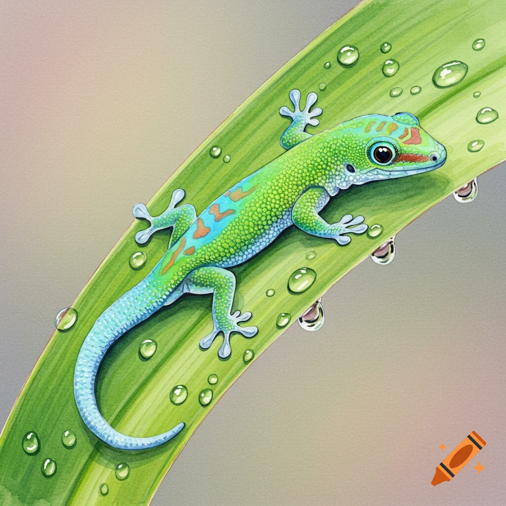 A vibrant green and blue gecko with orange markings, covered in water droplets, clings to a broad green leaf in a watercolor illustration.