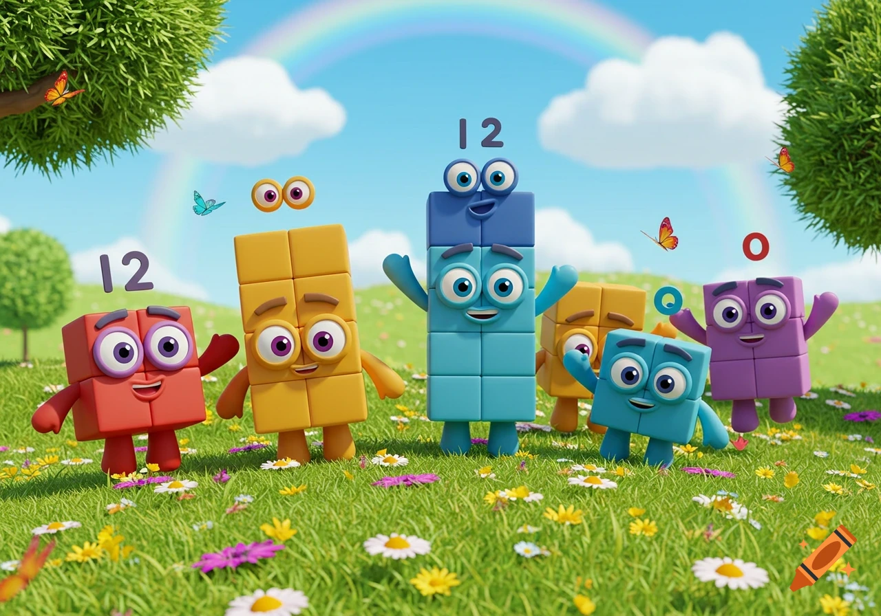 Colorful block characters with googly eyes and smiles stand in a grassy field with wildflowers under a blue sky with a rainbow.