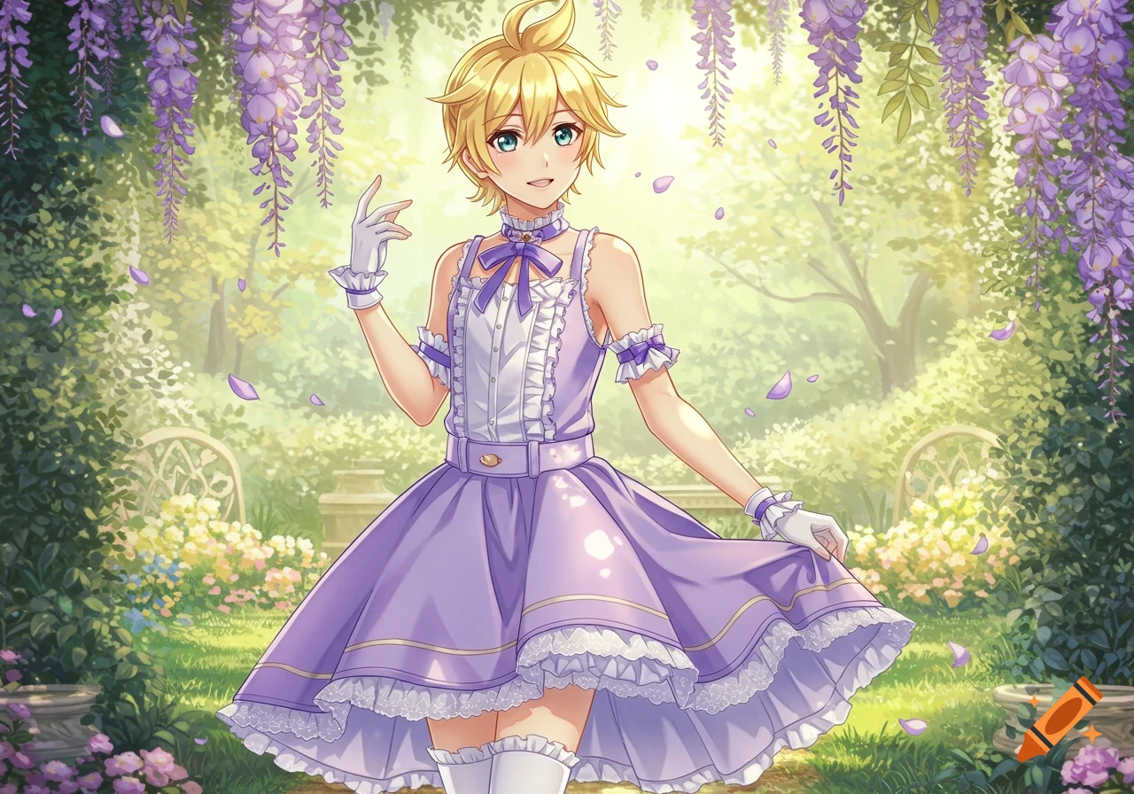 An anime character, a blonde boy in a purple ruffled dress and white gloves, smiles in a sunny wisteria garden.