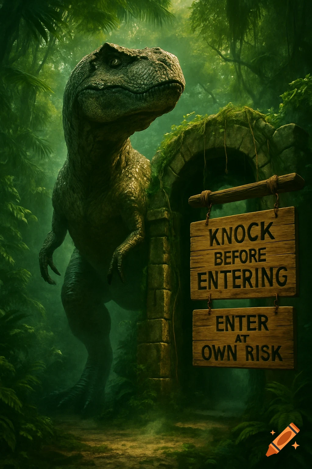 A realistic T-Rex stands beside a moss-covered stone arch in a dense jungle, with signs 'KNOCK BEFORE ENTERING' and 'ENTER AT OWN RISK'.