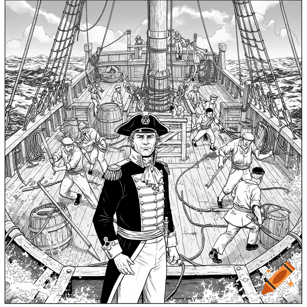 Black and white graphic novel panel of an 18th-century whaling ship. A captain stands in the foreground as sailors prepare harpoons.