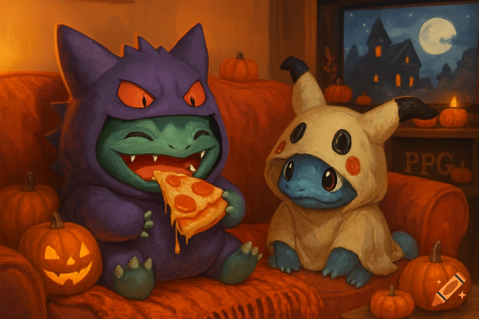 Ivysaur in Gengar costume eats pizza with Wartortle in Mimikyu costume on a couch during Halloween movie night.