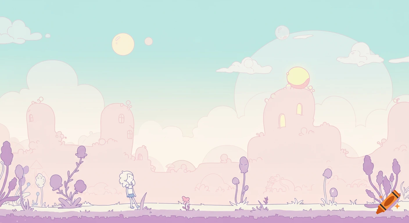 A whimsical 2D pastel video game background with a character in a surreal landscape of cloud-like buildings and purple plants, Adventure Time style.