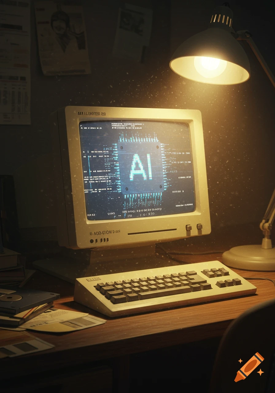 An old beige computer monitor displaying 'AI' and code, with a keyboard and floppy disks on a desk, illuminated by a desk lamp.