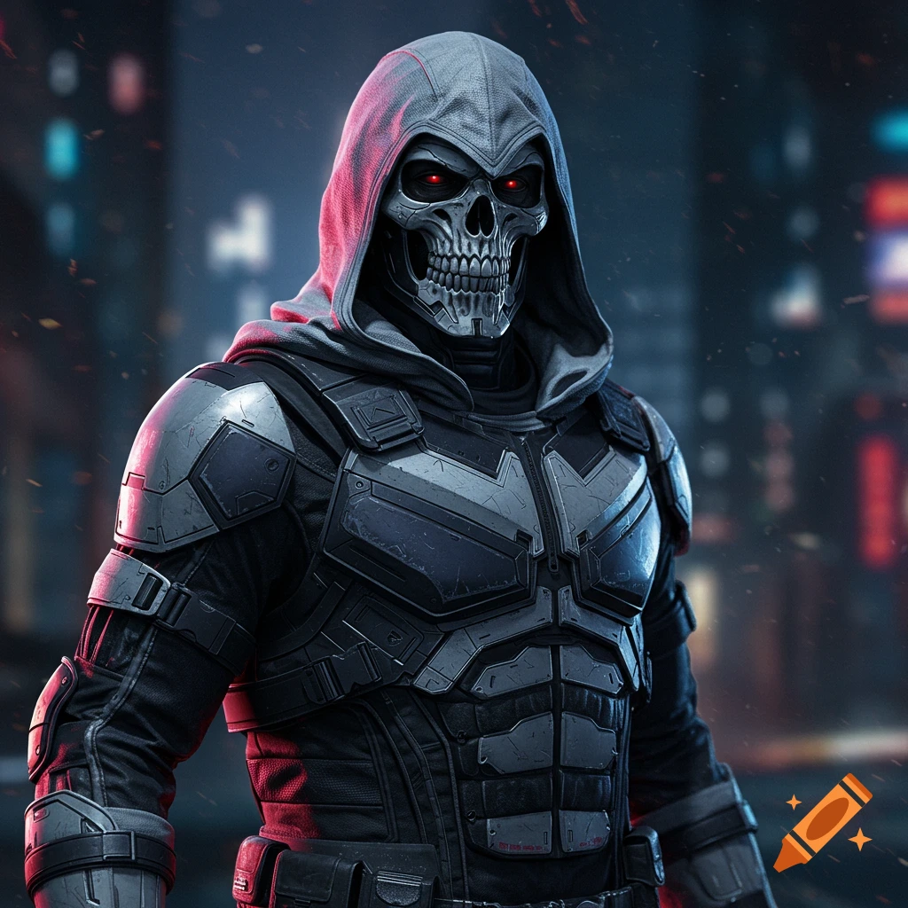 Taskmaster, a superhero character, in a skull mask with red eyes and tactical armor, standing against a blurred city night background.