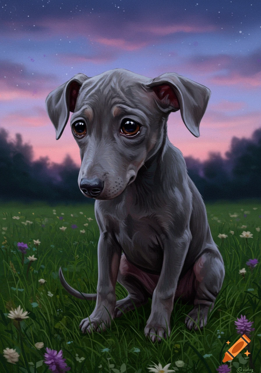 A sad-eyed gray puppy sits in a field of wildflowers under a twilight sky in a painted illustration.