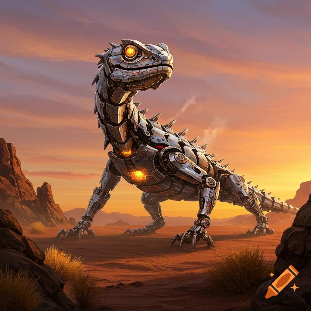 A giant, intricately detailed metal lizard with glowing orange eyes and chest plates stands in a desert landscape under a vibrant sunset sky.