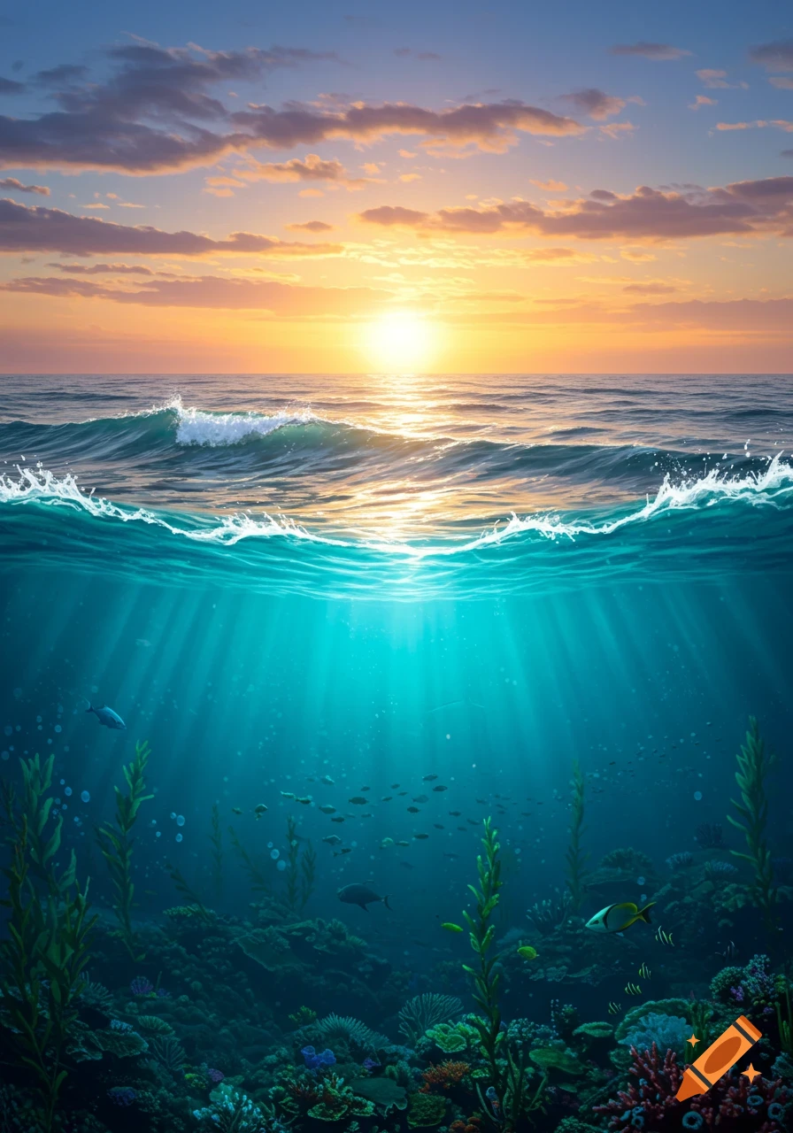 A beautiful ocean scene split between a vibrant sunset over waves and a calm, coral-filled underwater world with fish.