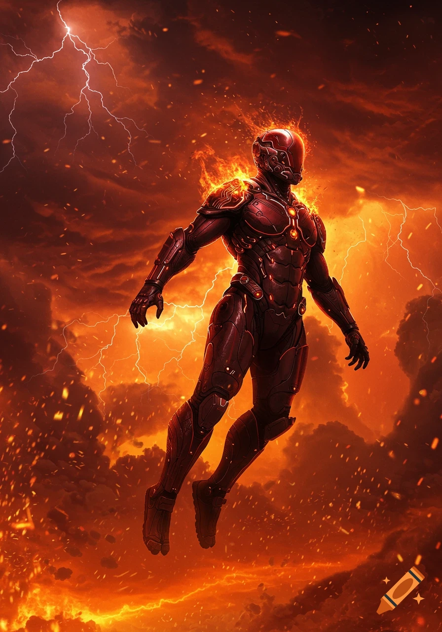 A futuristic armored figure, engulfed in flames, hovers against a dark, stormy sky with lightning and fiery clouds.