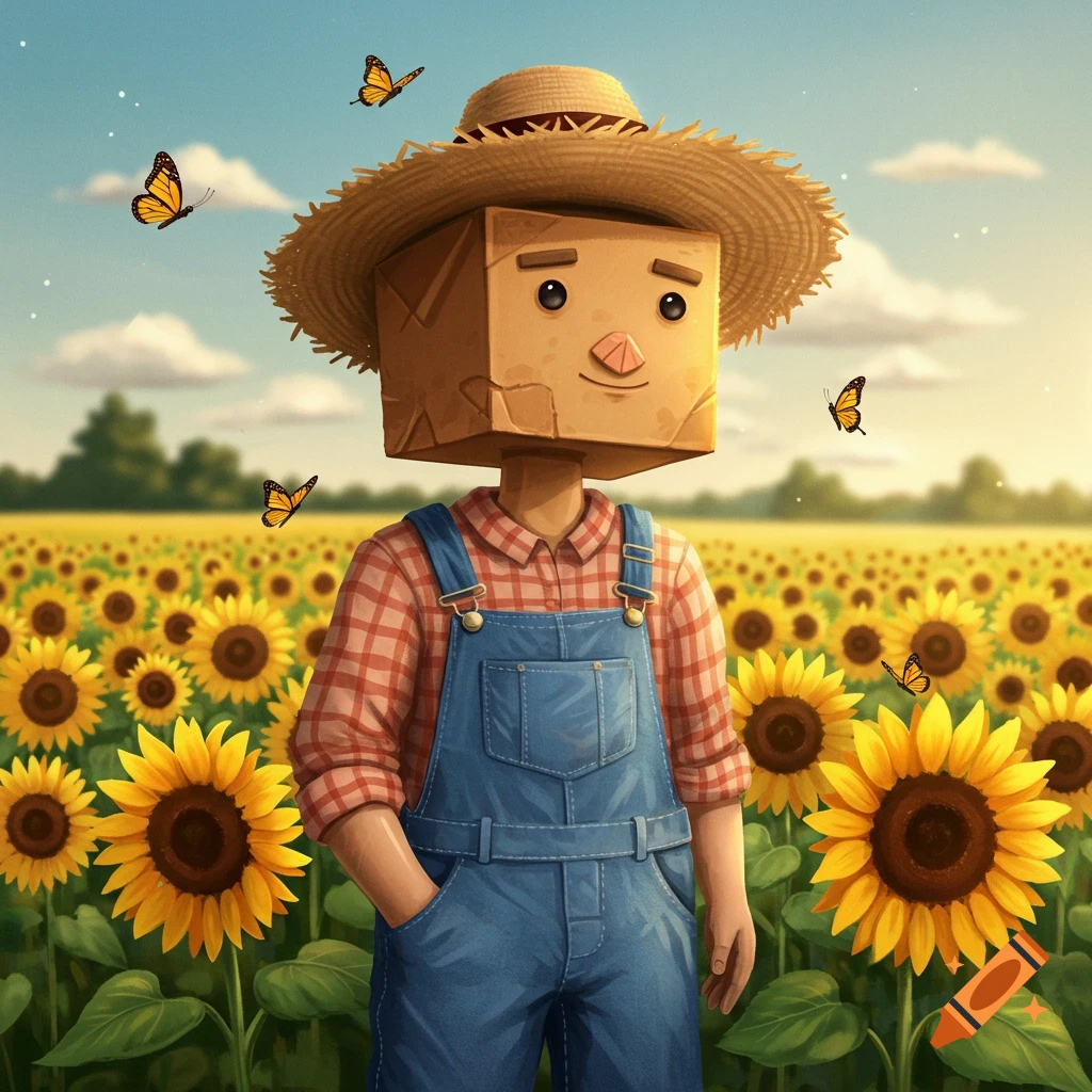 A whimsical cartoon character with a square block for a head, wearing a straw hat and denim overalls, stands in a vibrant sunflower field with butterflies.