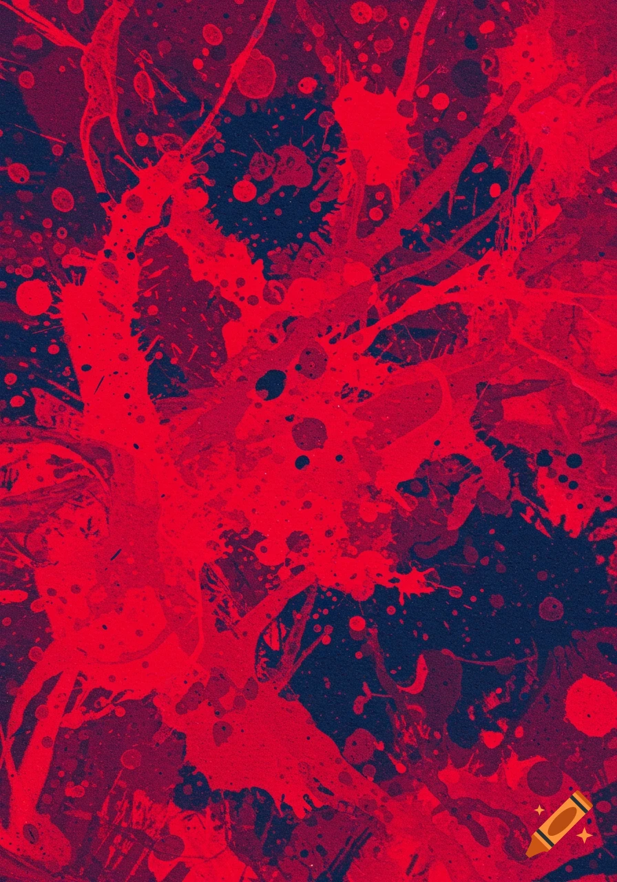 Abstract red and dark blue paint splatters creating a chaotic, gestural composition with visible canvas texture.