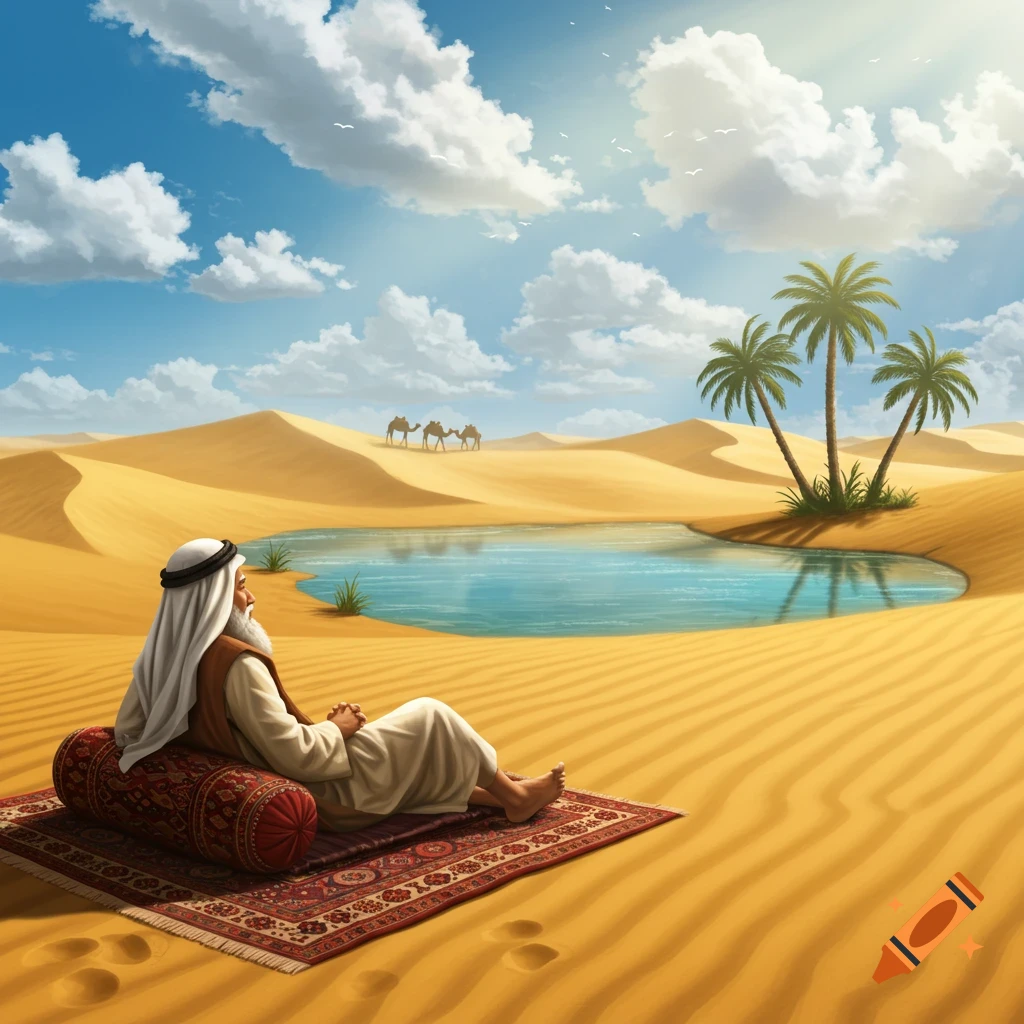 An old man rests on a rug by an oasis with palm trees in a sunny desert landscape, with camels in the distance.