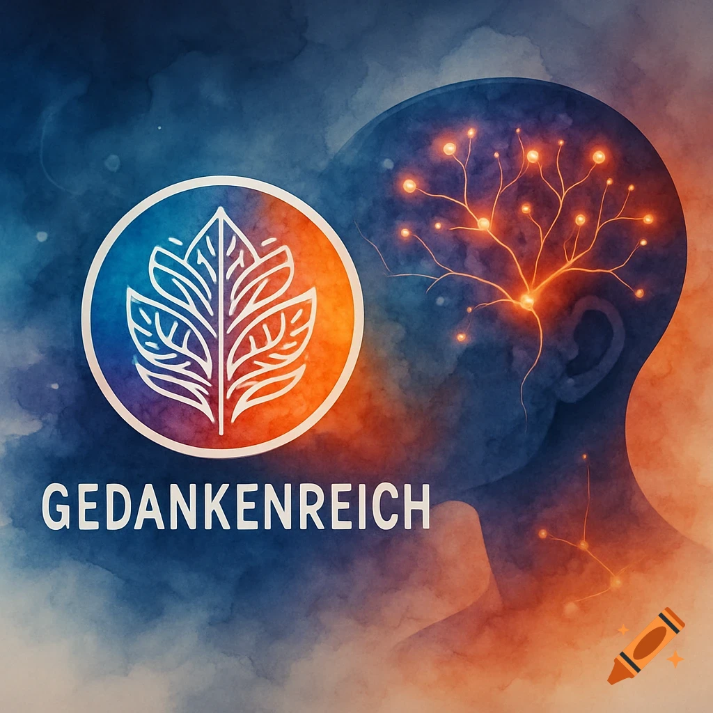 Stylized human head profile with glowing brain activity, a leaf logo, and "GEDANKENREICH" text, in blue and orange watercolor.