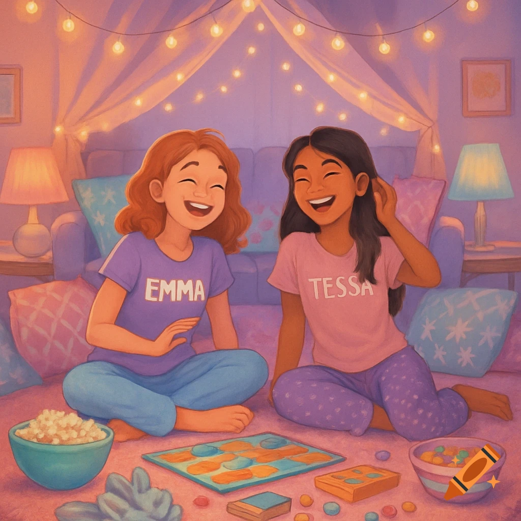 Two smiling illustrated girls, Emma and Tessa, play a board game during a cozy sleepover.