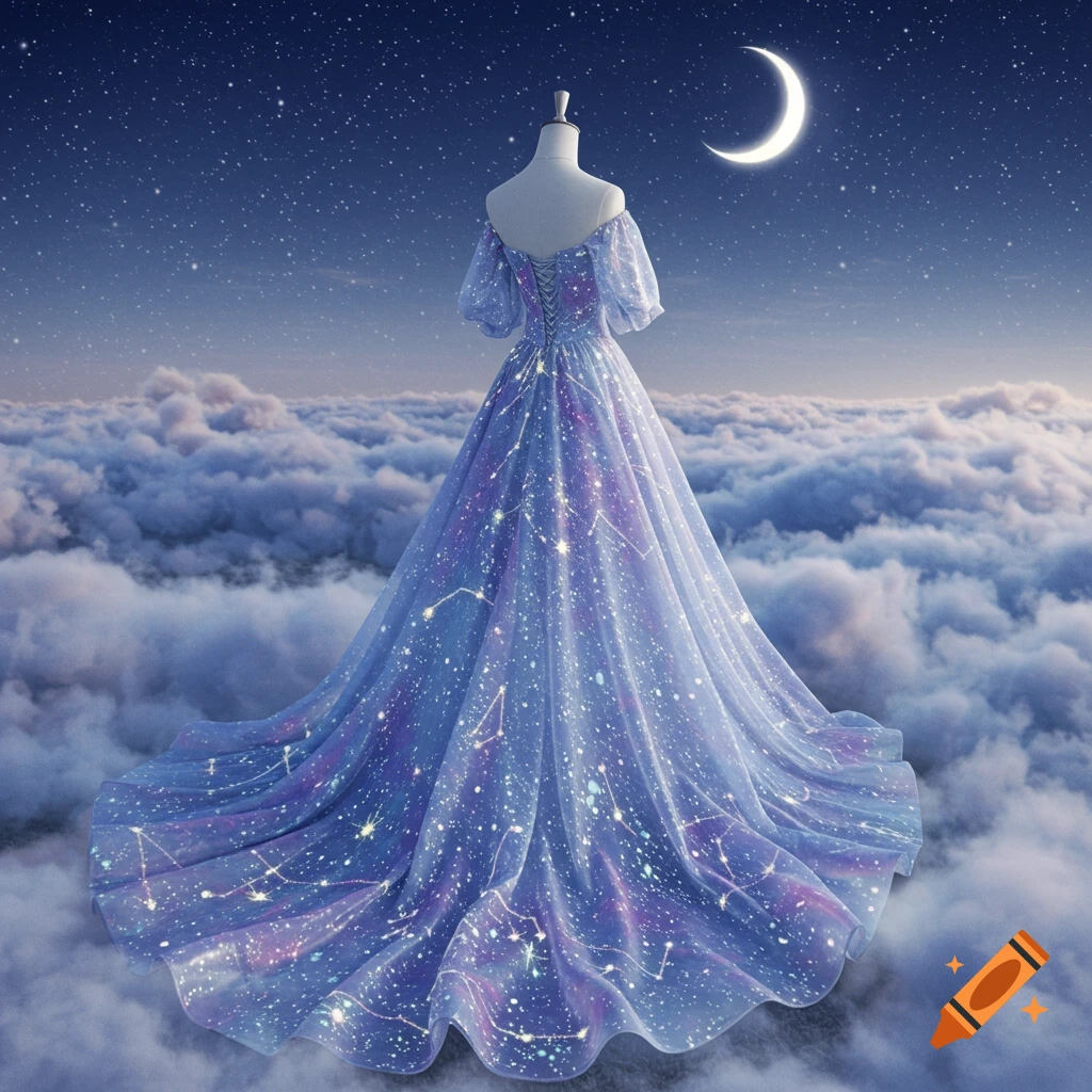 A celestial, starry gown on a mannequin, floating above clouds under a crescent moon in a dark blue night sky.