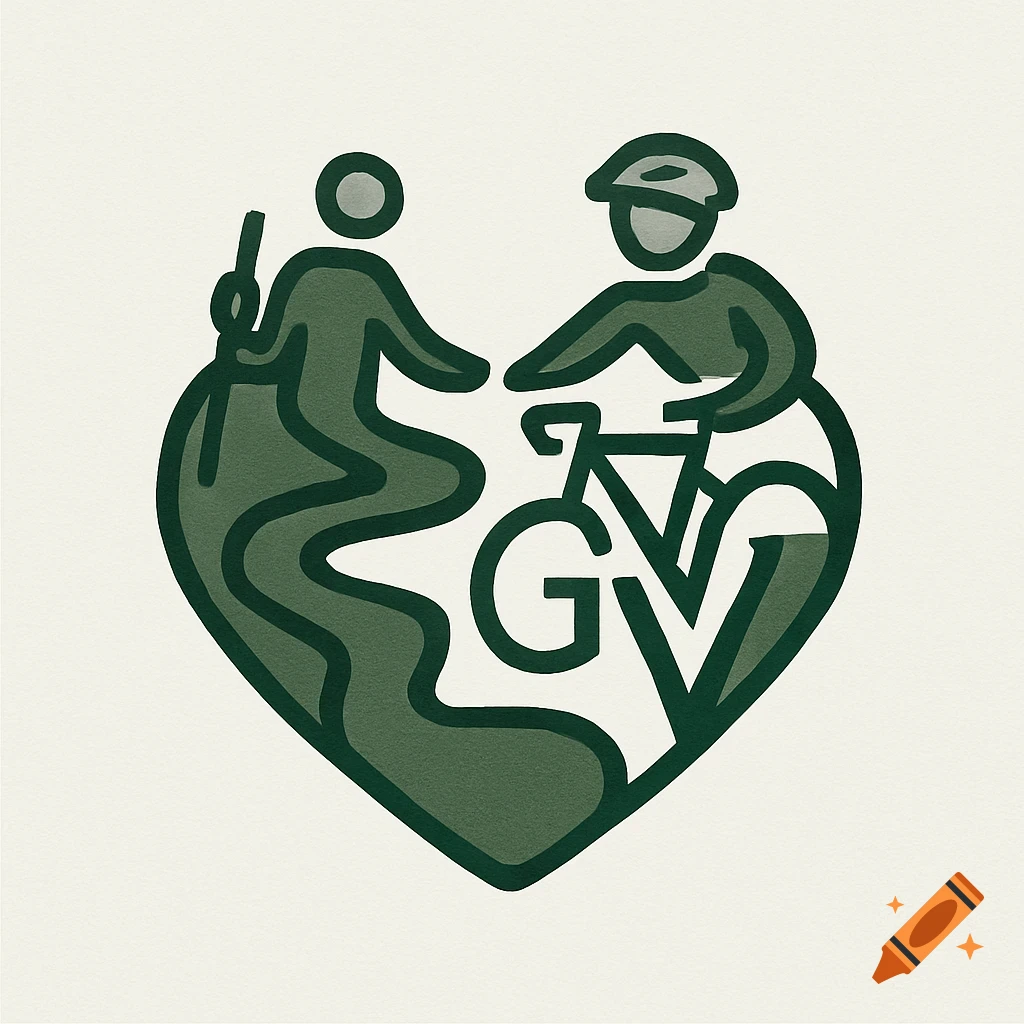 Minimalist logo depicting two stylized figures, one hiking and one on a bicycle, forming a heart shape with letters 'GV' integrated.