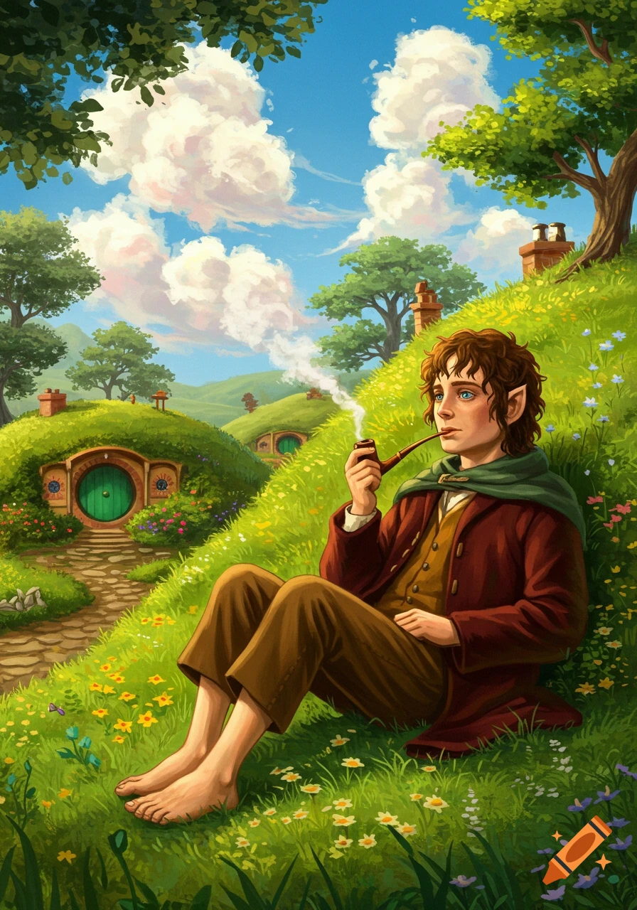 Illustrated Frodo Baggins sits on a grassy hill in the Shire, smoking a pipe, with hobbit holes in the background under a blue sky.