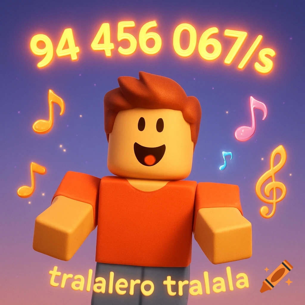 A smiling Roblox character with outstretched arms, surrounded by glowing music notes. Glowing text '94 456 067/s' and 'tralalerotralala' are visible.