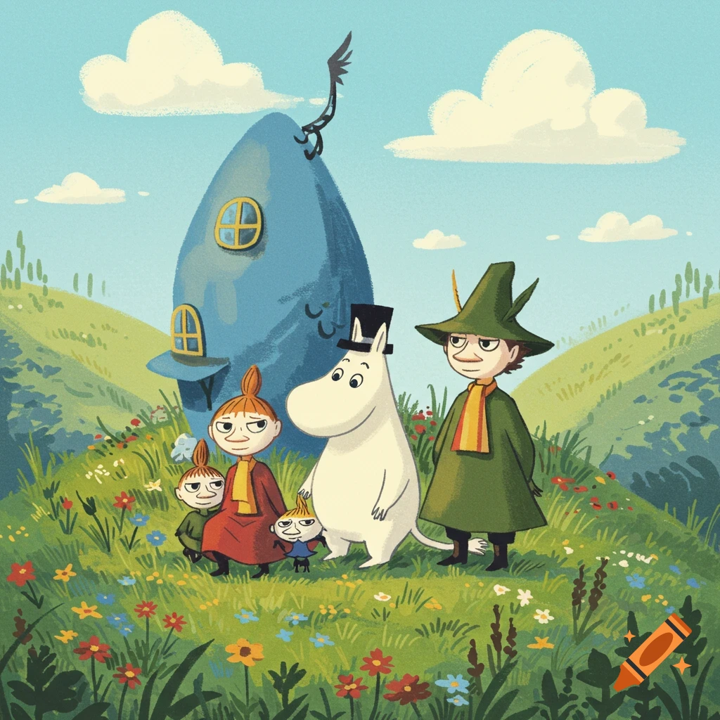 Moomintroll, Snufkin, and Little My with other characters in a flowery meadow in front of the Moominhouse. Storybook illustration style.
