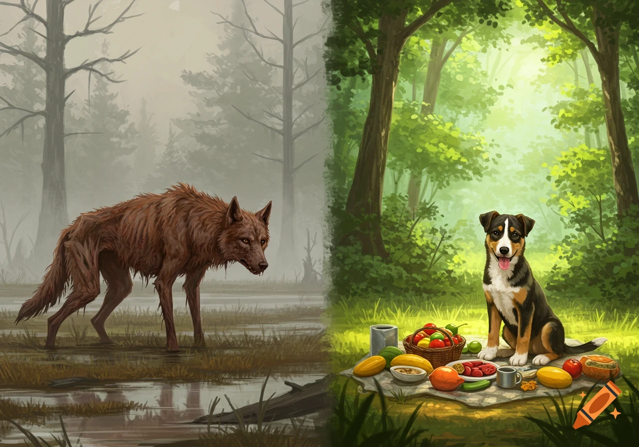 A split image showing a gaunt wolf in a misty marsh on the left, and a happy dog with a picnic in a vibrant forest on the right.