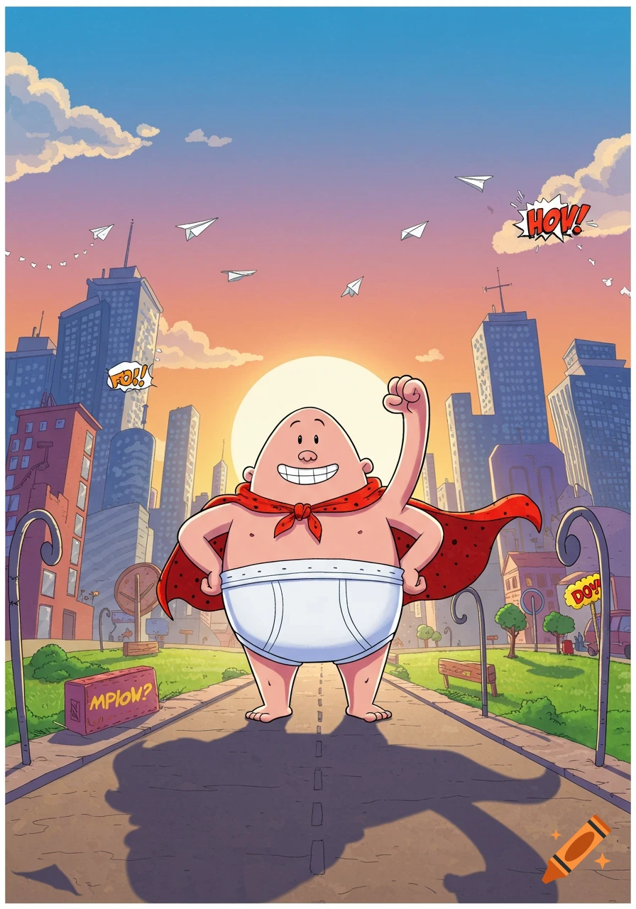 Captain Underpants in white briefs and a red cape stands in a cartoon city at sunset with paper airplanes flying.