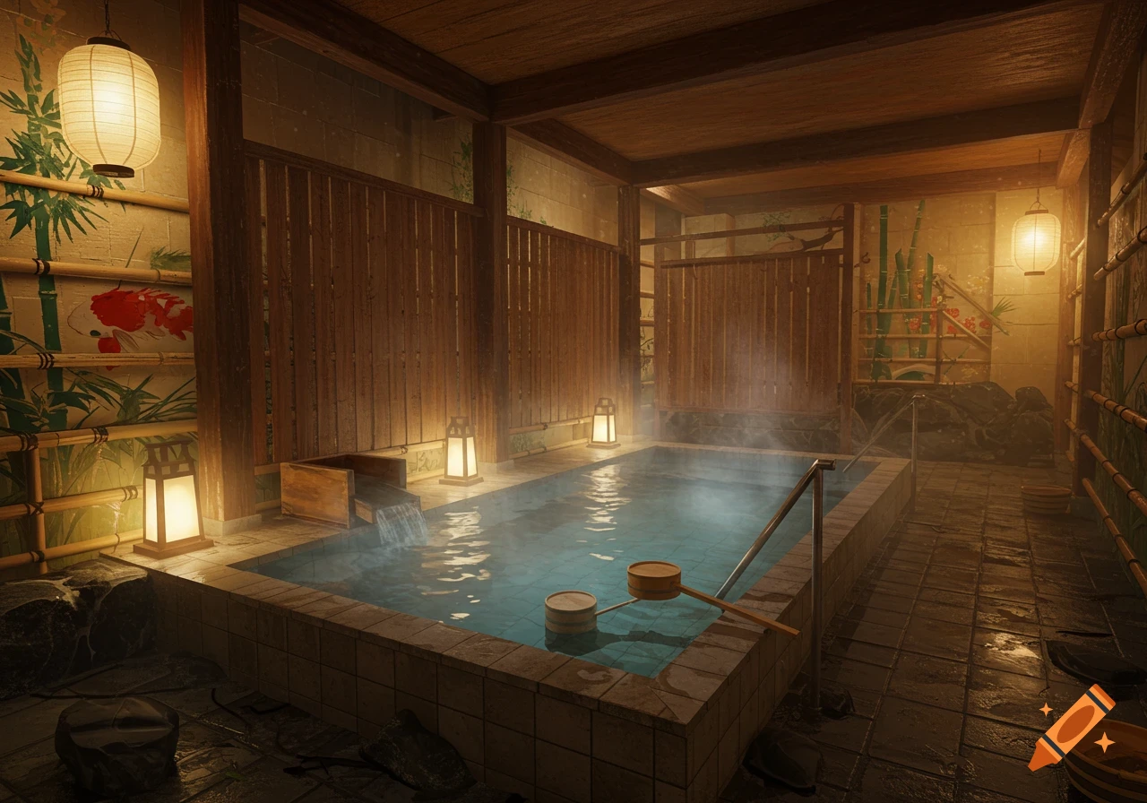 A realistic, dimly lit indoor Japanese bathhouse with a large steaming hot tub, lanterns, wooden walls, and bamboo decorations.