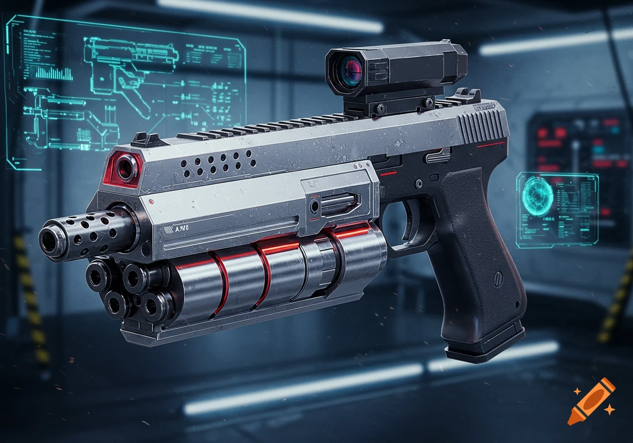 A detailed, futuristic combat pistol with six barrels, an optical sight, and holographic displays in a sci-fi setting.