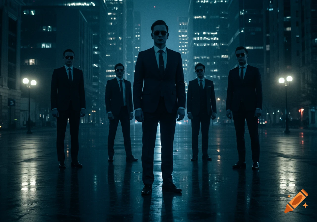Five men in black suits and sunglasses stand on a wet city street at night with illuminated skyscrapers in the background.