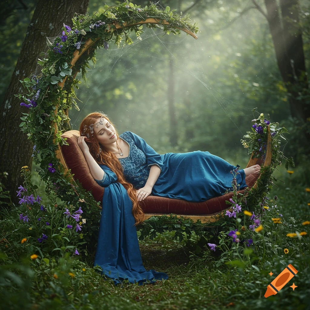 A red-haired elf woman in a blue dress sleeps peacefully on a moon-shaped swing decorated with flowers and vines in a sunlit forest.