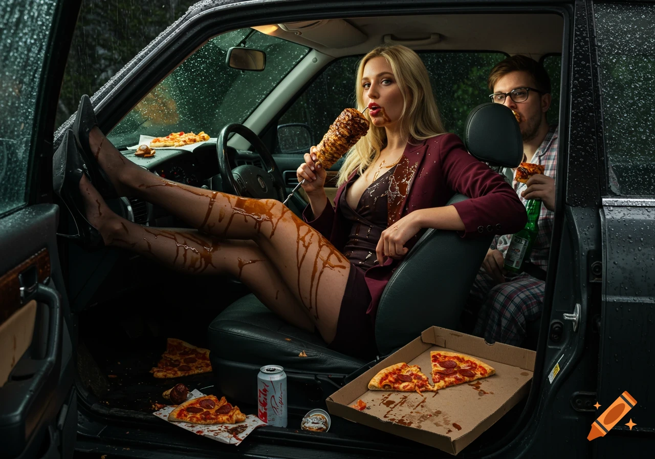 A messy scene inside a car on a rainy day, with a blonde woman eating a dripping kebab and a man in pajamas eating pizza.