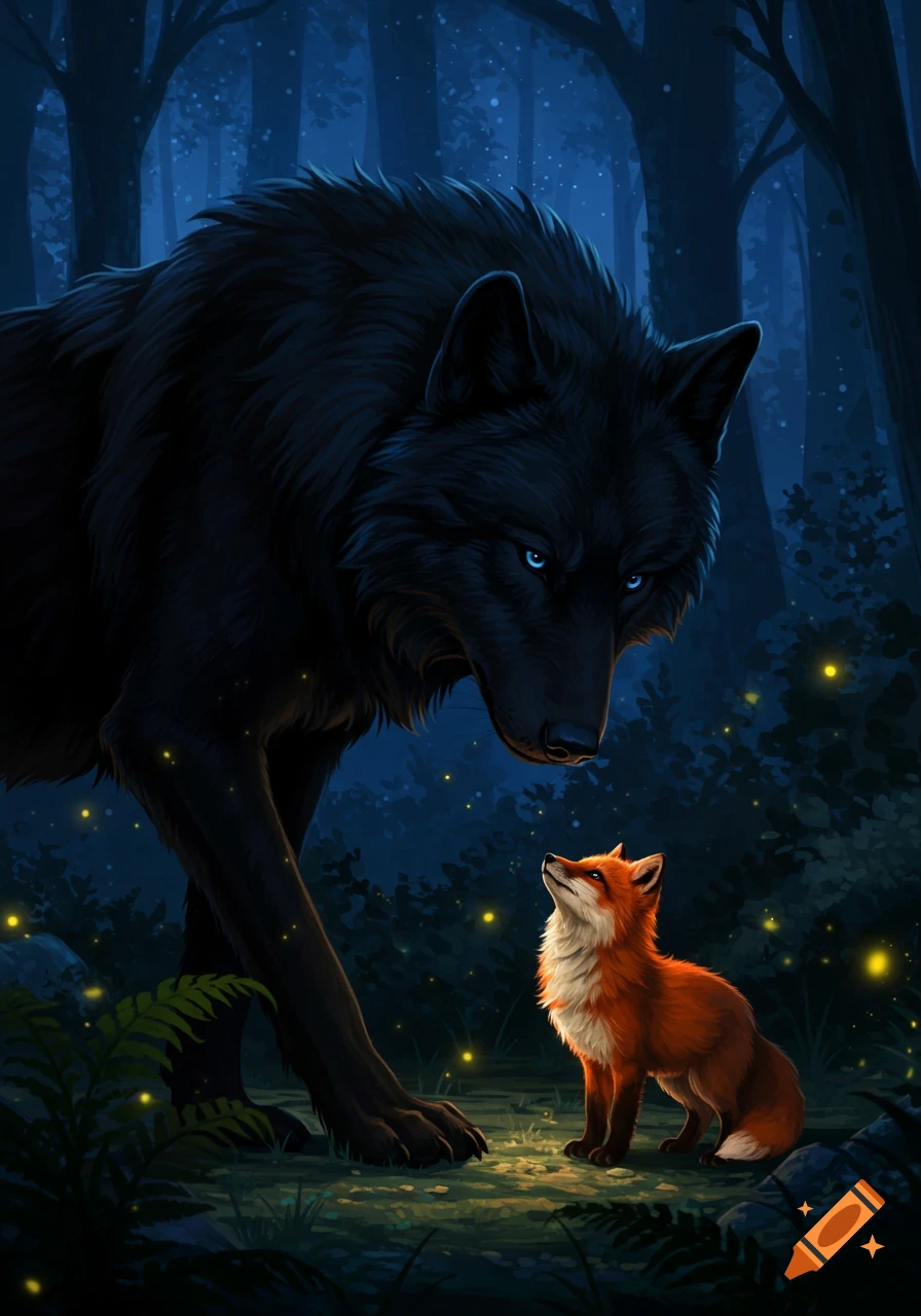 A giant black wolf with glowing blue eyes stares down at a tiny orange fox in a dark, mystical forest at night, illuminated by fireflies.