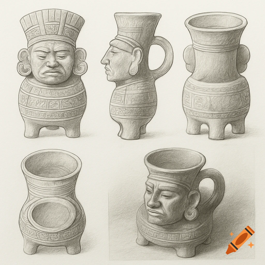 Pencil drawing of five views of an ancient Mesoamerican-style ceramic vessel with a human face and intricate glyph patterns.