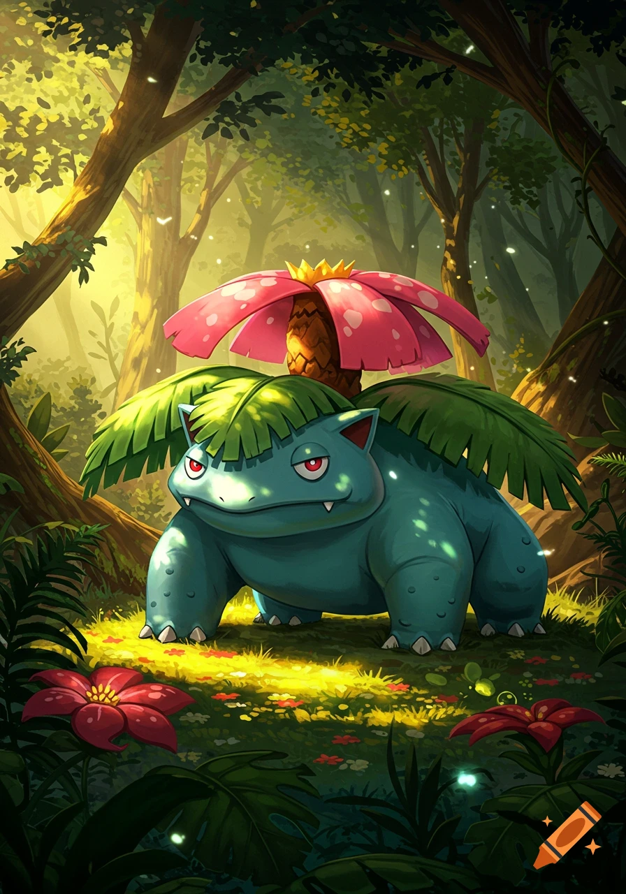 A large, teal Venusaur with a pink flower on its back stands in a lush, sunlit forest clearing, surrounded by green foliage and red flowers in an illustrative style.