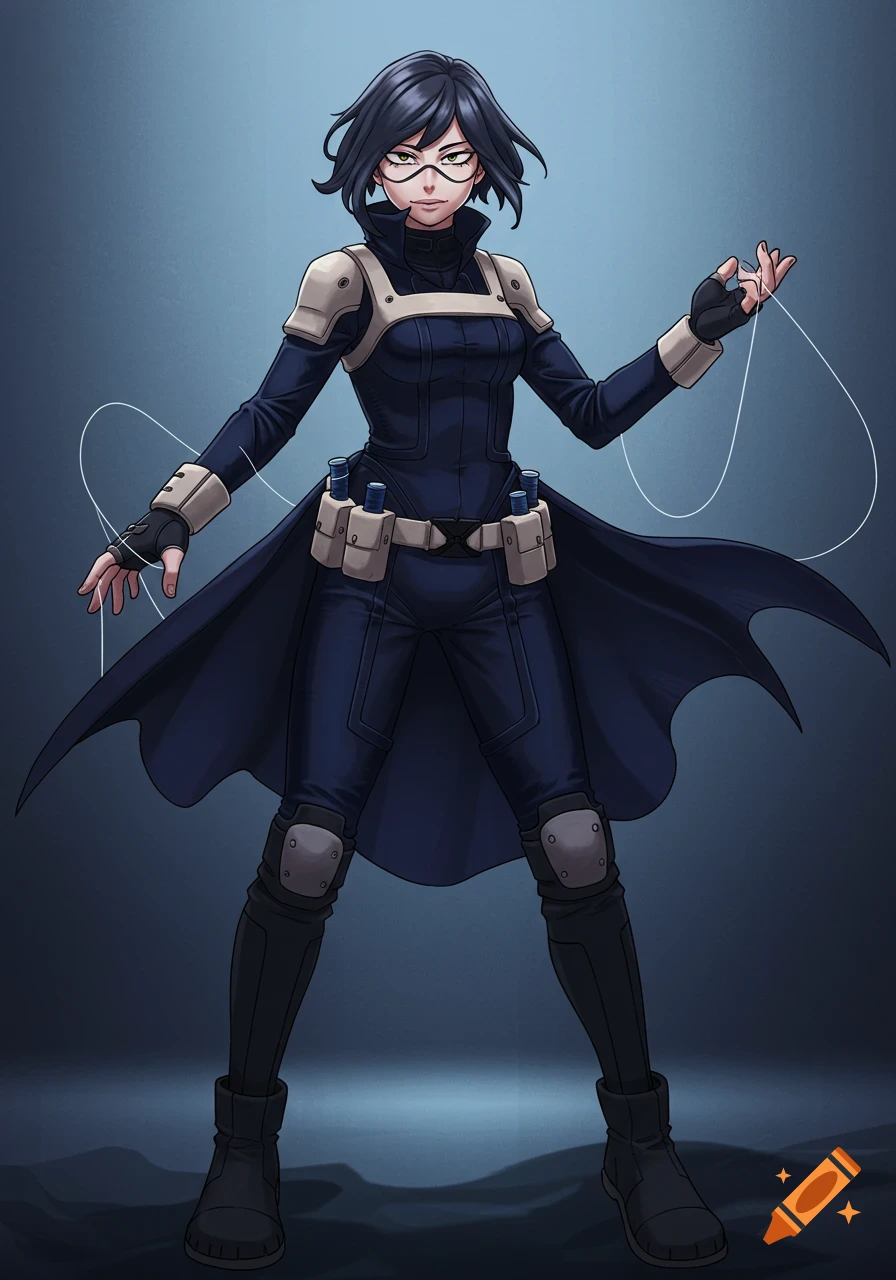 Anime-style woman in a dark blue superhero costume with glasses, holding a white thread.