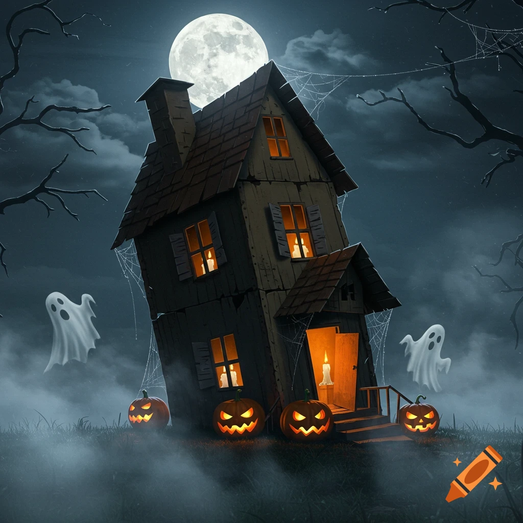 A spooky, leaning haunted house with glowing windows, jack-o'-lanterns, two ghosts, bare trees, and cobwebs under a full moon in a foggy night.
