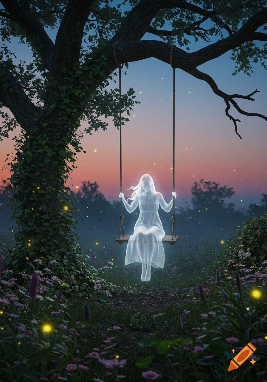 A glowing, ethereal figure on a swing under a large, ivy-covered tree in a twilight forest with fireflies and wildflowers.