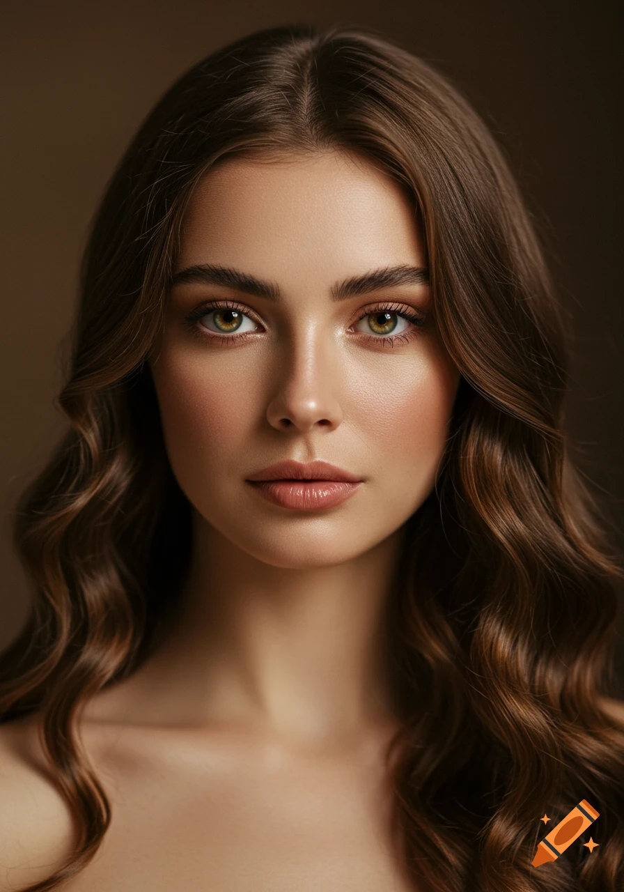 Photorealistic close-up portrait of a young woman with long wavy brown hair, green eyes, and natural makeup.