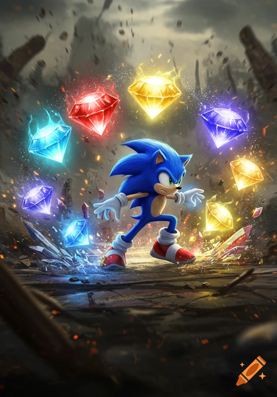Sonic the Hedgehog stands dynamically amid debris, surrounded by seven glowing, colorful Chaos Emeralds in a vibrant digital illustration.