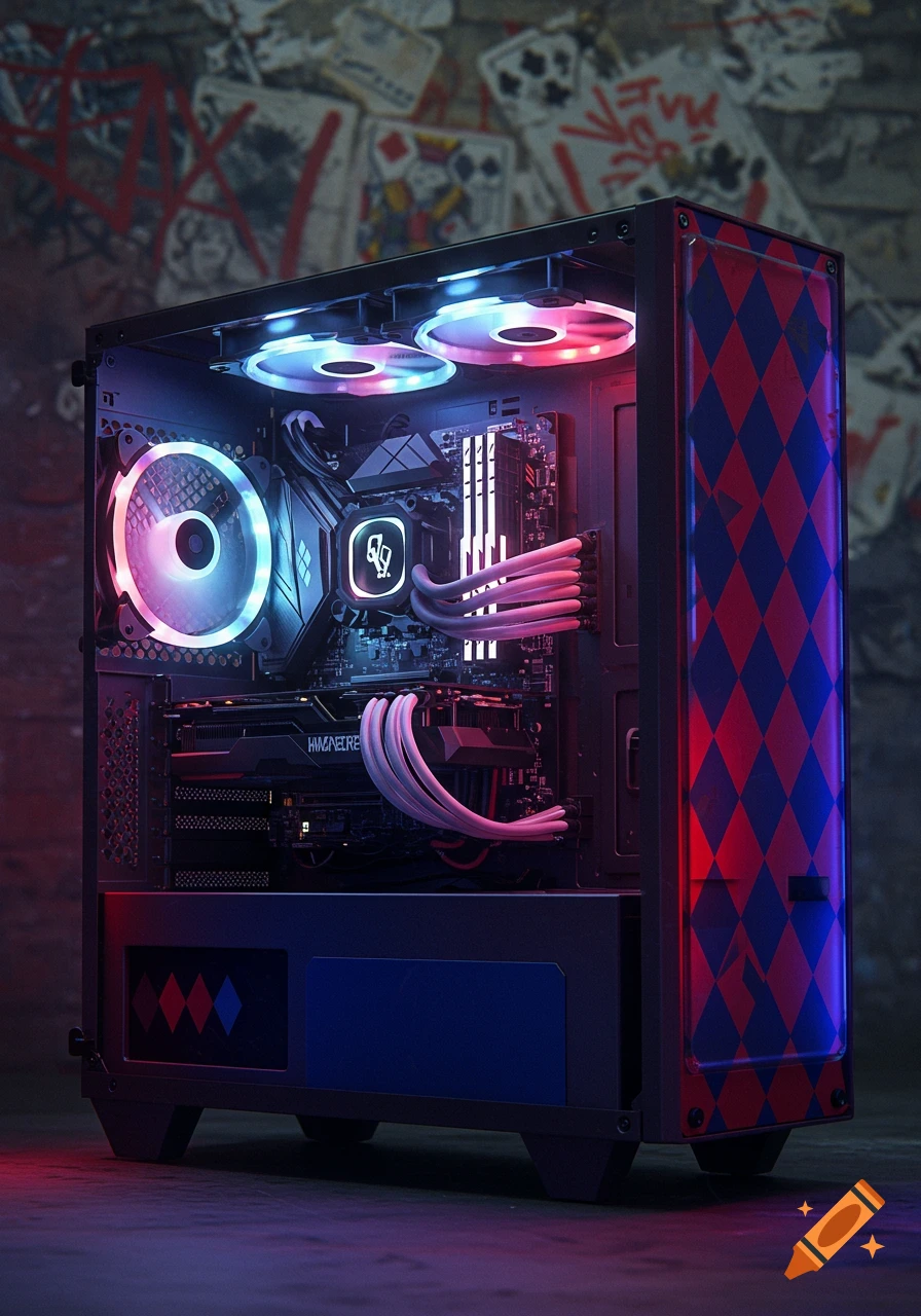 A custom PC build with red and blue diamond patterns, internal RGB lighting, and a Harley Quinn logo, in a dark setting.