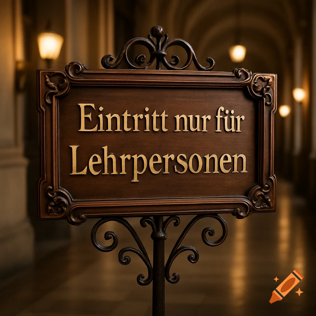 A decorative wooden sign with ornate metalwork displays the gold text "Eintritt nur für Lehrpersonen" in a dimly lit, grand hallway.