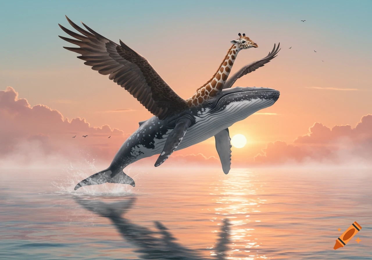 A majestic whale with eagle wings and a giraffe head leaps from the ocean during a vibrant sunset.